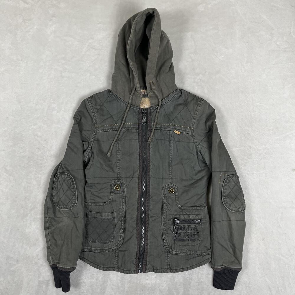 Vintage Billabong Jacket Womens Small Green Quilted Hooded Full Zip Lined Y2K